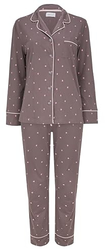 SNOOZE OFF Damen Schlafanzug | Pastellgrün mit Weißen Herzen | 100% Baumwolle | Klassischer Pyjama mit Weißer Kontrastpaspelierung | V-Ausschnitt & Brusttasche | Lange Ärmel & Hose