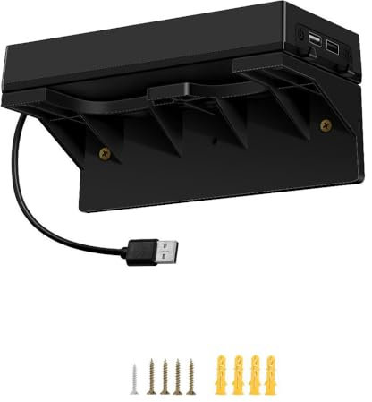 Supporto a parete per Switch/Switch OLED, kit di montaggio a parete con 7 supporti per schede di gioco e 4 ganci per Joy Con, 2 porte USB da riporre in modo sicuro vicino o dietro la TV (Nero)