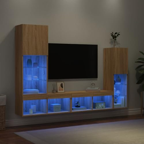 Homgoday 4-TLG. Wohnwand mit LED-Beleuchtung Sonoma-Eiche Holzwerkstoff TV Wandschrank, Fernsehschrank mit Stauraum, Schrankwand Wohnwand TV Möbel für Wohnzimmer Schlafzimmer