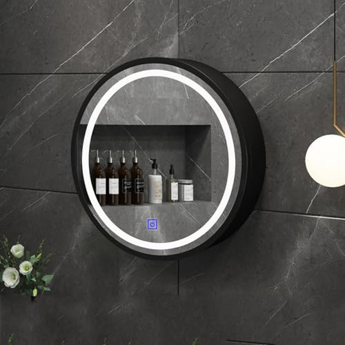 CuNtoHHH Armoire de Toilette Ronde à LED Moderne, Armoire de Salle de Bain à éclairage LED, Design Ouvert en Bois Massif, Armoire de Toilette Ronde Murale en Bois Massif avec Bouton Tactile intellige