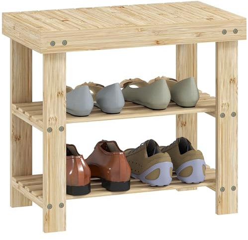 HOMCOM Banc à chaussures en bambou avec siège organisateur de chaussures à 3 niveaux pour 4 paires de chaussures pour entrée, salon, chambre 50 x 28 x 45 cm Naturel