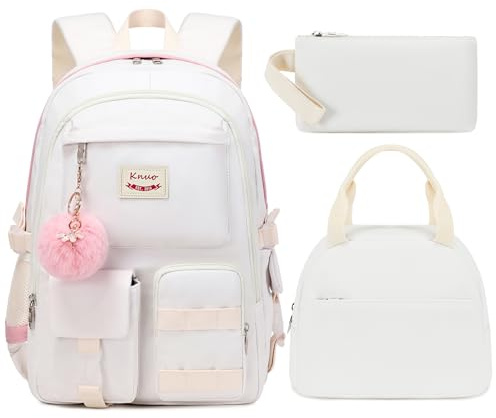 LIGUL School Backpack for Teen Girls Women College Laptop Backpacks Kids Cute Bookbag Set with Lunch Box Pencil Case Elementary Middle High Campus Bag 3 Pcs Students Bookbags Sets (Beige, Large)