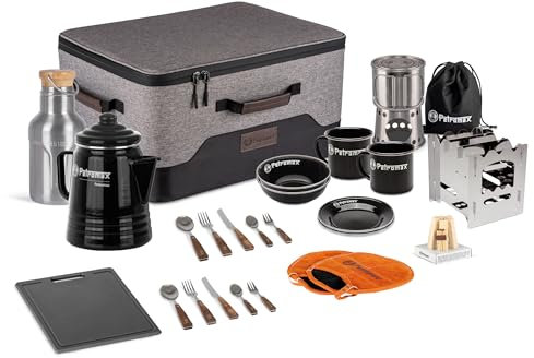 Petromax Abenteuer-Picknick-Box – Outdoor-Kochset für 2 Personen: kompakt und vielseitig – ideal für Camping, Wandern und Lagerfeuer – 12teiliges PremiumSet mit stapelbarer Transportbox