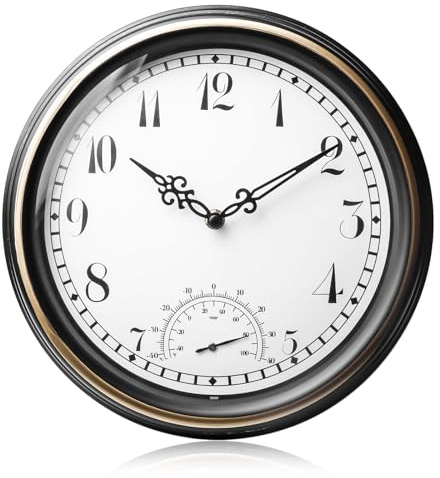 Behogan Wanduhr mit Temperaturanzeige, Innen Draussen Wetterfeste Wanduhr, Außenwanduhr wetterfest, Kunststoff Vintage Gartenuhr für Garten Terrasse Pool küche Wohnzimmer Heim Dekor (30.5cm, Bronze)
