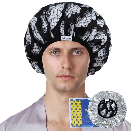 Years calm Wärmekappe Herren für Tiefenpflege - Wiederverwendbare Haarbehandlungskappe mit Folienfutter, dehnbares Gummiband, stilvoller Druck, für Dampftherapie, Haarmaske, Öl (Schwarz, Einheitsgröße