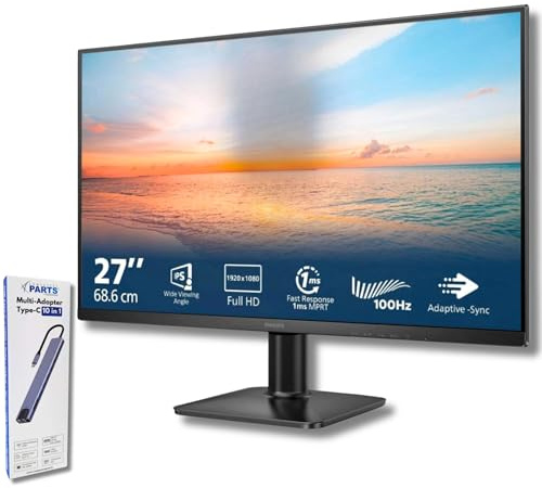 Philips Moniteur 27 pouces Full HD 100 Hz (27E2N1100L/00, VA, HDMI/VGA, LowBlue, Flicker-Free) + Station d'accueil 10 en 1 USB-C/HDMI/USB 3.0 - Complet pour le bureau