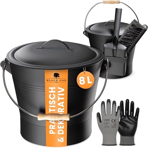 BLACK OAK Ascheeimer LANIN 8L - mit Deckel + Feger, Schaufel & Handschuhen | - 8 L groß - schwarz mit Deckel mit Holz-Griff HELL Stahl feuerfest verzinkt & pulverbeschichtet für Asche Kohle Pellets