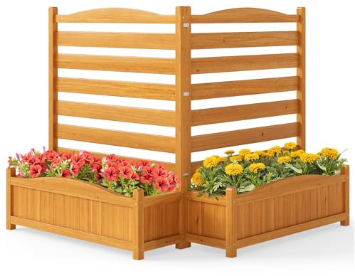 GOPLUS Pflanzkasten mit Rankgitter, Blumenkasten Holz mit Drainagelöchern, Sichtschutz mit Zaun, Gartenzaun für Klimaanlagen & Mülleimer, Gartenspalier, Hochbeet für Garten & Terrassen (2-teilig)