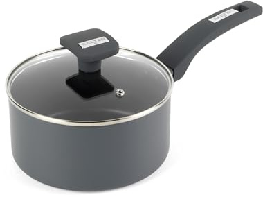 Salter Alto Saucepan 18 Cm, Nonstick Aluminium | Recycled pressed aluminium body, PFOA free coating, Cool touch bakelite handle, Tempered glass lid with steam vent, Induction