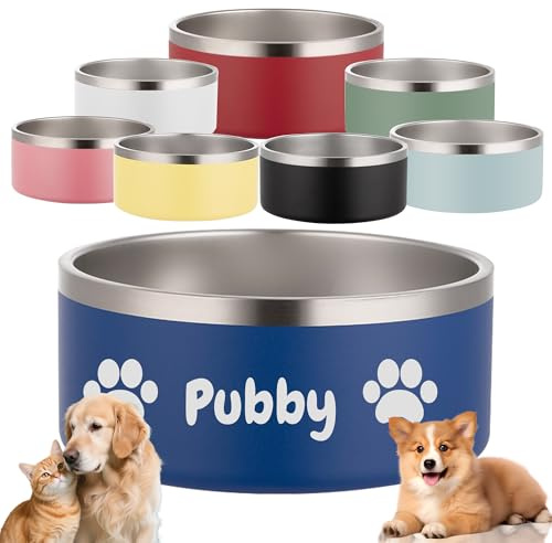 Cuenco Personalizado para Mascotas, Grabado con Nombre | Acero inoxidable doble capa reforzado ase Antideslizante para perros y gatos, comedero y Bebedero, 946ml / 1.24L / 1.89L