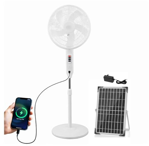 SOLEILUX Ventilatore a Piantana con Luce LED con pannello solare, funziona senza corrente - Con Porta USB per ricarica dispositivi - Ideale per camper, barche, roulotte