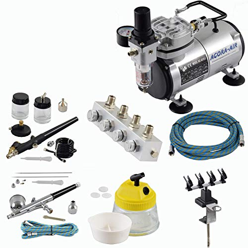 Agora-Tec® Airbrush Komplett-Set EXPERT XVII.1, inkl. Kompressor mit 4 bar & 20l/min + 2 Airbrushpistolen mit 0,2 & 0,3 & 0,5 & 0,8mm Nadeln/Düsen + regelbaren 4-fach Luftdruckverteiler + 4-fach Halter + Clean-Pot + 2 Schläuche + Adapter