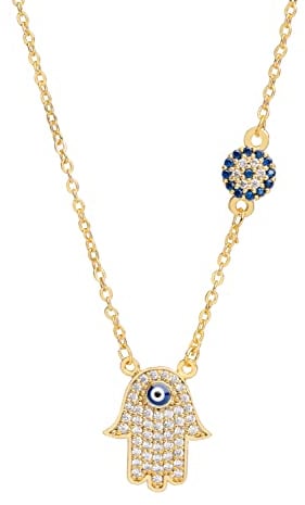 Remi Bijou Halskette Fatimas Hand + Böser Blick Stein, türkisches Auge, Nazar Boncuk Hamsa - Gold Farbe mit Strasssteine
