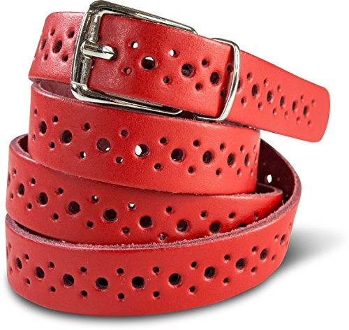 SCAMODA Damengürtel aus Echtleder mit Lochmuster, silberner Gürtelschnalle - Made in Germany (Rot - 110/BW95 - Br. 3cm)