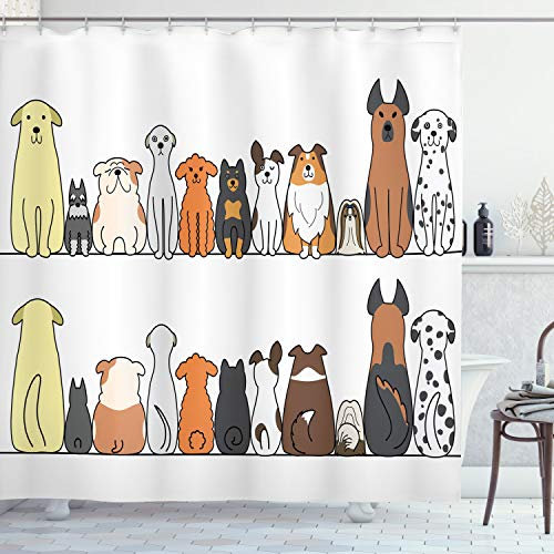 ABAKUHAUS Hund Duschvorhang, Hundefamilie in Einer Reihe, Stoffliches Gewebe Badezimmerdekorationsset mit Haken, 175 x 200 cm, Braun Gelb