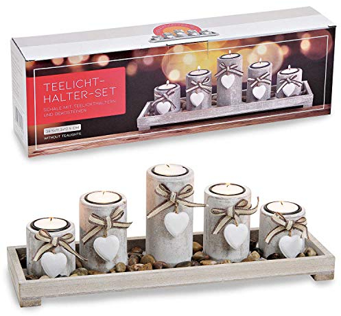 Belladecora Teelichthalter-Set (6-teilig) auf Tablett aus Holz mit Steinen (B/H/T) 38x12x11cm grau