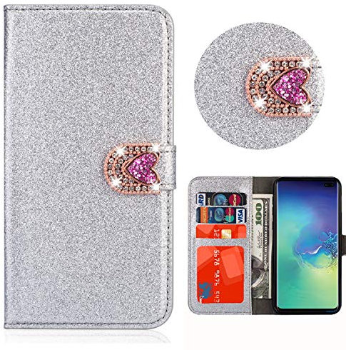 Wallet Case for Galaxy S10 5G Silver Glitter Cool Cute 3D Diamond Bling Sparkle Leather Stand Function Kickstand Magnetic Love Diamond Buckle Protective Cell Phone Cases for Samsung Galaxy S10 5G