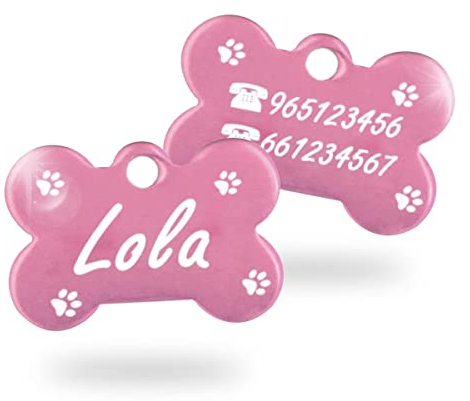 Ibera Gifts - Chapa Perro Grabada en Forma de Hueso, Placa Perro Personalizada para Perros y Gatos Muy Pequeños o Cachorros, Tamaño 22 x 15 mm, Chapa Identificativa Perro y Gato (Patas - Rosa)