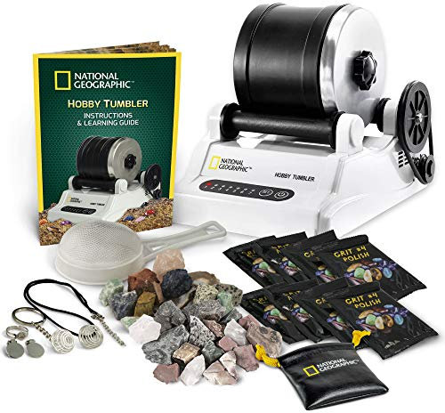 NATIONAL GEOGRAPHIC Hobby Rock Tumbler comprend 1 lb Rough Gemstones, 4-Stage Polishing Grit, Strainer Jewelry Fastenings & Learning Guide, Cool Toys, STEM Science Kit,