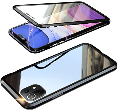 QiiStar Hülle für Xiaomi 11 Lite 5G / Xiaomi 11 Lite NE 5G Case,Magnetische Adsorption Metallrahmen 360 Grad Komplettschutz Handyhülle Vorne hinten Gehärtetes Glas Schutzhülle,Schwarz