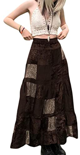 Minetom Damen Sommer Elastische Taille Vintage Blumendruck Plissee Midi Rock - Goth Y2K Strand Rock in Braun M