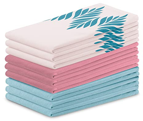 AmeliaHome 9er Set Geschirrtücher Baumwolle Küchentücher 50x70 cm Blätter Muster Letty Rosa Türkis