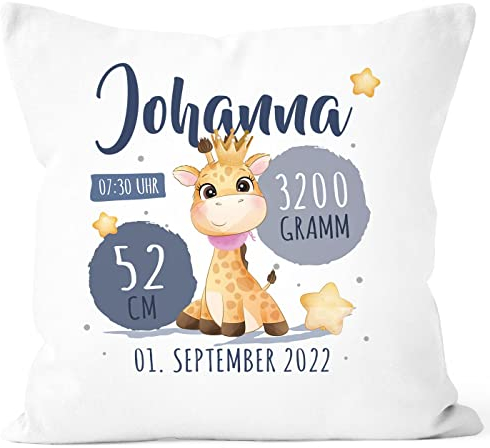 SpecialMe® Kissen-Bezug Geburt Jungen Mädchen Giraffe personalisierbares Geburtskissen Geschenk weiß Standard