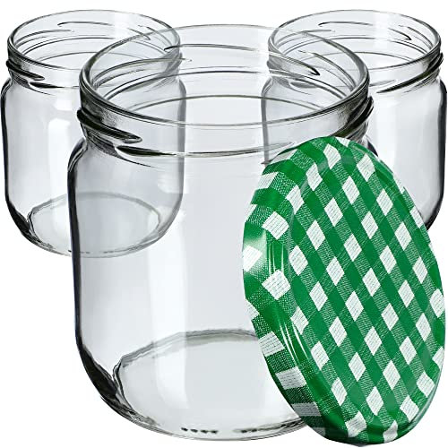 KADAX 12st Einmachgläser 425ml mit Schraubdeckel fi82 mm für Einlegen, Einmachen, Konservieren und Mahlzeitenvorbereitung - Luftdichte Twist-off Gläser (Grün kariert/12 St.)