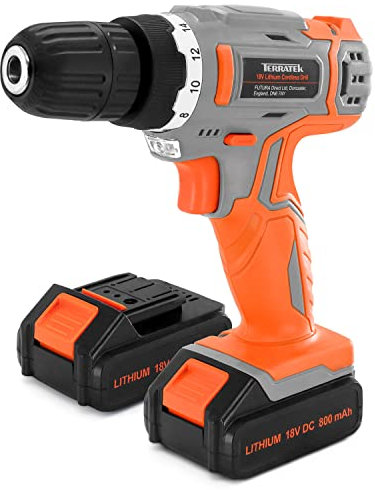 Terratek Cordless Drill Driver 18V Lithium-Ion, 13Pc Electric Screwdriver Set, LED Work Light, Electric Drill Quick Change Power Drill Battery with Charger & 2 Batteries Included