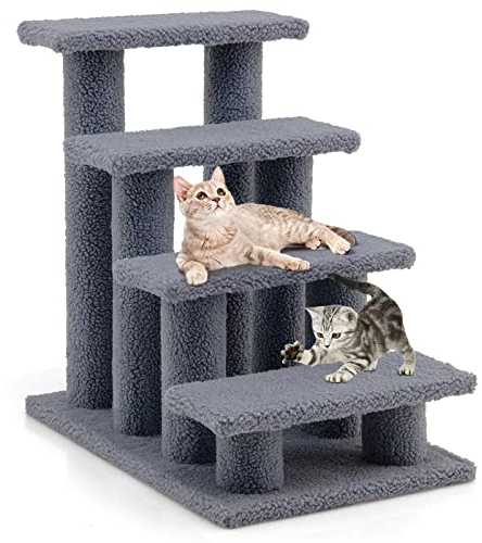 COSTWAY Tiertreppe Katzentreppe 4 Stufen, Treppe für Katze und Hunde bis 25 kg, Haustiertreppe Klein, Hundetreppe Spielbaum, 61 x 41 x 60 cm, Spanplatte und Kunstvlies (grau)
