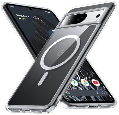 FNDMIL [NO.1 Magnetisch für Google Pixel 8 Hülle mit MagSafe [Transparent Anti-Gelb] [Militärschutz Stoßfest] [Durchsichtig Hardcase] mit Weich Silikon Bumper für Google Pixel 8 Case Dünn 6.2'', Klar