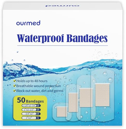 Ourmed Waterproof Plasters - Holds up to 48 Hours, Clear Adhesive Plasters Stays on Skin in The Bath, Shower or Pool, First-Aid Wound Care, Fingers, Knees and Heels, 50 Count