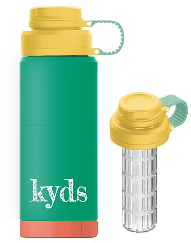 kyds® Trinkflasche Kinder, Thermo Edelstahl Wasserflasche, Auslaufsicher, mit Fruchteinsatz, Kohlensäure geeignet, BPA-frei, spülmaschinenfester Deckel, Trinkflasche für Schule Sport