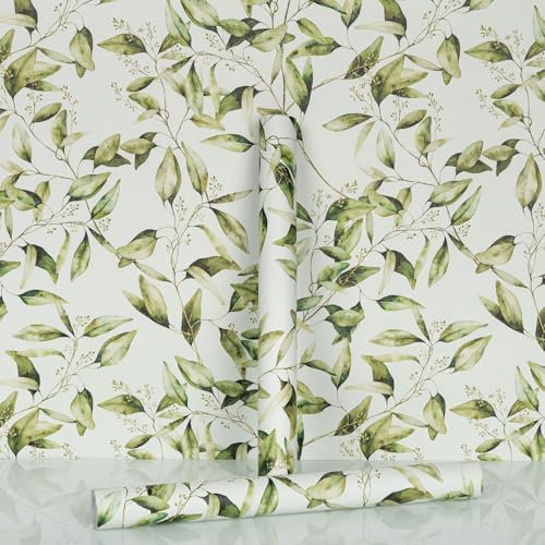 Hode Green Self Adhesive Wallpaper 44cmX300cm, Sticky Back Plastic Patterned Furniture Sticker, Vinyl Wrap for Cupboards Shelves, Green Leaves Peel and Stick Wallpaper