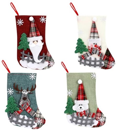 Gowkeey Nikolausstrumpf 4er Set Weihnachtsstrumpf Große Nikolausstiefel zum Befüllen mit Weihnachtsmann, Schneemann, Rentier, Bärchen Für Kamin Kinder Weihnachtsschmuck