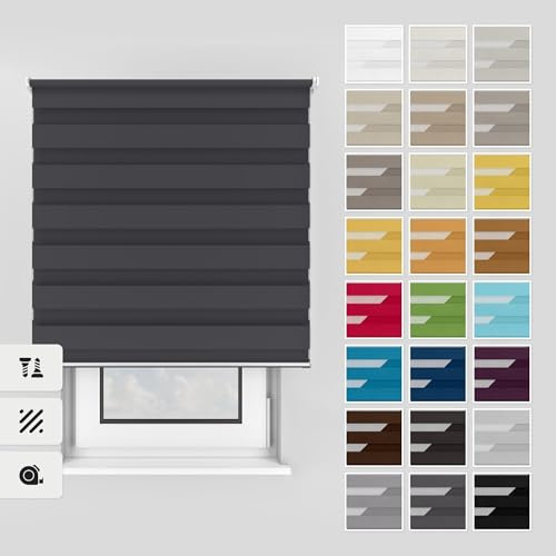 Estika Doppelrollo mit Bohren 105x150 cm Farbe: Anthrazit, Rollo Deckenmontage und Wandmontage Fenster rollos für innen, Jalousien Fenster, Tür Rollo