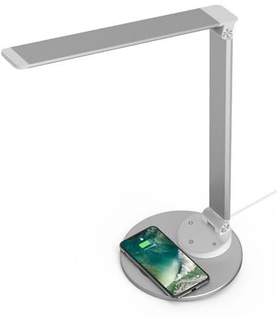 Lampe de bureau LED articulée avec chargeur par induction, luminaire architecte, variateur lumière blanc chaud ou froid, port USB-A - Gris clair