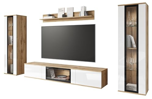 Caro Wohnzimmermöbel-Set, TV-Schrank, optionale LED-Illusion, Hängemöbel (Wotan/weißer LED-Glanz)