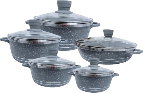Housetronics Set of 5 Pcs Die Cast Casserole Stock Pots with Lid-Granite Cookware Pot Set with Tempered Glass Lids & Knobs Nonstick Marble Coating Cooking Pot with Heat-Resistant Handle (Grey)