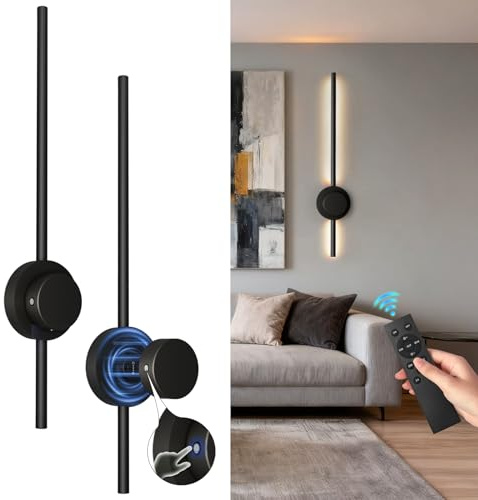 Spacelumen 70CM Rechargeable Dimmable Wall Sconce Lights with Remote 2 Pack | Battery Operated Wall Lights 3 Color Temperature, Wireless Wall Lamp Black for Living Room Bedroom Hallway