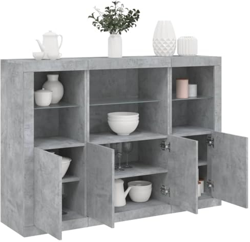 QZZCED Anrichte mit LED-Licht, 3 Teile, Holztechnik, Grau, Beton, moderne Sideboards mit LED-Lichtern und geräumigem Stauraum für Wohnzimmer