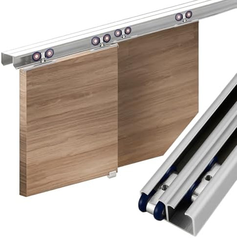 Binario per Porta Scorrevole Sistema di Binari per Porte Scorrevoli a 2 Ante, Set di Ferramenta per Porte Scorrevoli a Scomparsa Robuste e Portanti con 4 Guide in Nylon, Bypass(Silver,95cm/37.4)