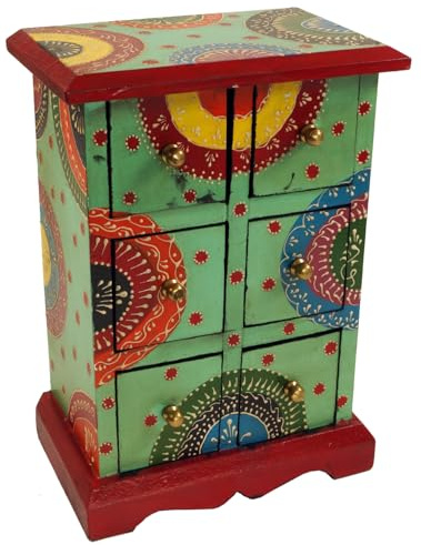 Kleines Apothekerschränkchen, handbemaltes Schubfachschränkchen, Modell 10 | Schubfachschrank aus Shishamholz, viele Fächer für Kleinkram, indischer Charme, ideal für Dekoration
