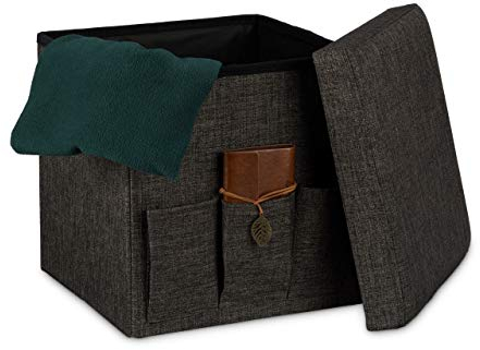 Relaxdays Faltbarer Sitzhocker 38 x 38 x 38 cm stabiler Sitzcube mit 3 Seitentaschen Sitzwürfel aus Leinen Sitzbank als Aufbewahrungsbox mit Stauraum und Deckel zum Abnehmen für Wohnraum, braun