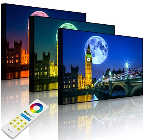 Lightbox-Multicolor | LED Bild Leuchtbild | Big Ben vor großen Mond in London | 80x60 cm | Front Lighted