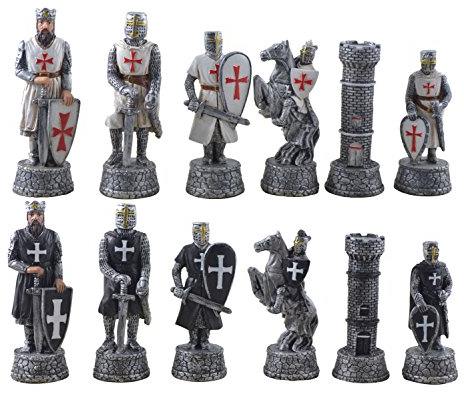Vogler Hochwertiges Schachfiguren Set Kreuzritter - Handbemalte Kunststein Figuren Weiß Schwarz - Mittelalter Schach Spiel - Historische Sammler Edition - 70mm Königshöhe