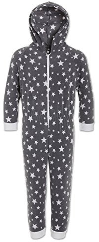 Camille Childrens Super Soft Fleece Onesie - Hooded All In One - Long Sleeved and Full Length Grey Star 9-11 Years