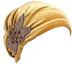 Velvet Beanie Cap mit Blume Glatte Farbe Turban für Frau Kopf für Krebs Chemo Onkologische Chemo Night Hair Loss Hair (Gold)