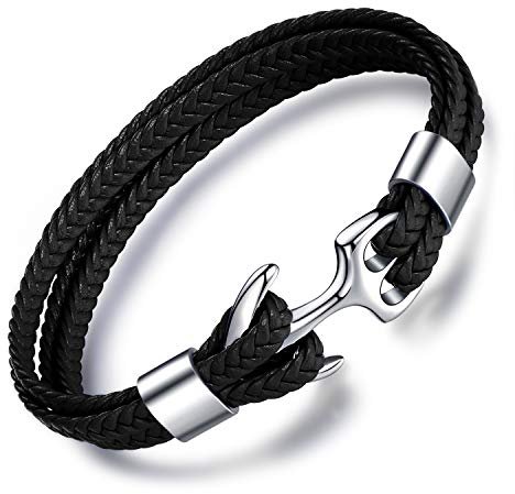 Unendlich U Mens Boys Bracelet, Cowhide Leather Braided Bracelet, Multi-Layer Wrap Bangle, Vintage Metal Anchor Buckle, 8.86