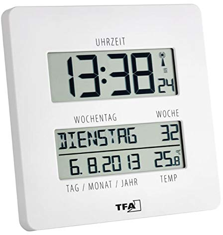 TFA Dostmann 60.4509 Radio Controlled Time Line Wall Clock with Temperature and Day of the Week Display, White with Batteries